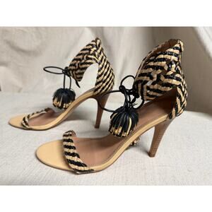 Ulla Johnson Woven Leather Tassel Tie Sandals Heels Black Tan Size 37